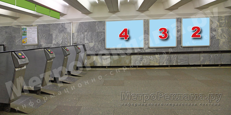 Станция "Новогиреево". Южный подземный вестибюль станции. Несветовые щиты, рекламные места №№ 2, 3, 4. Хороший обзор по выходу пассажиров в город.